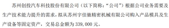 创投汽车拟从苏州宇佳驰精密机械有限公司购入产品模具及生产设备等固定资产 交易总金额为339万(图1) 创投汽车拟从苏州宇佳驰精密机械有限公司购入产品模具及生产设备等固定资产 交易总金额为339万(图1)